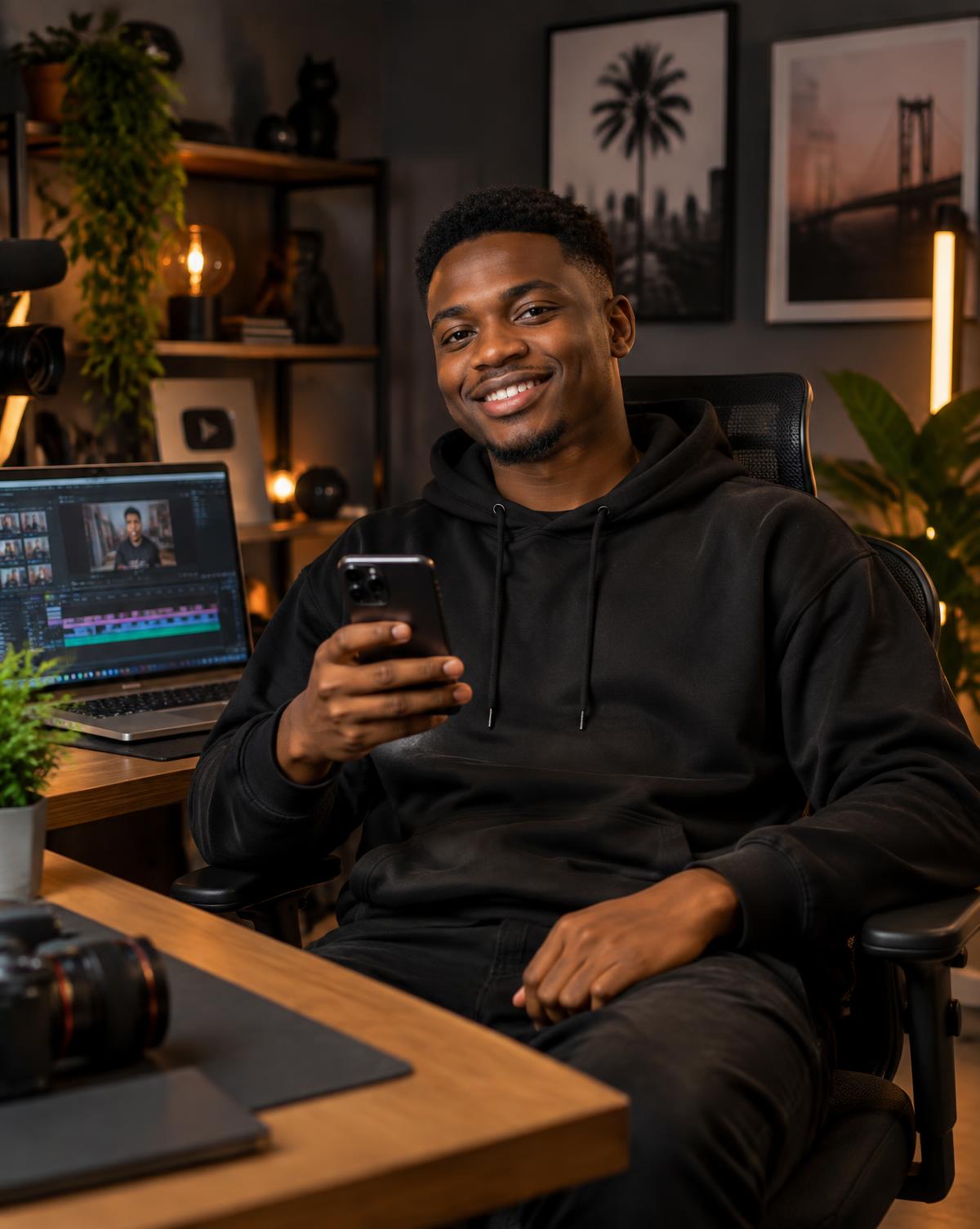 A young Nigerian creator holding a smartphone in a home video studio